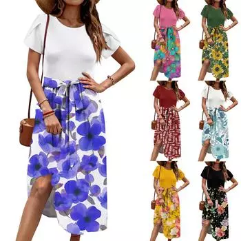 Женское повседневное платье миди с милым узором и круглым вырезом, классическое повседневное свободное платье с коротким рукавом XXL оранжевый