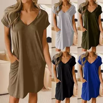 Женское повседневное платье миди с v-образным вырезом и коротким рукавом, летняя рубашка, праздничные пляжные платья S чёрный