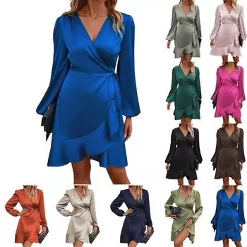 Женское повседневное платье миди с V-образным вырезом и глубоким вырезом, атласная юбка с оборками, платья с кисточками S