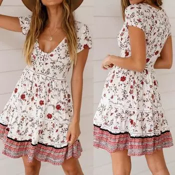 Женское повседневное платье миди с высокой талией в богемном стиле с V-образным вырезом и пуговицами в национальном стиле XL белый