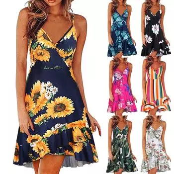 Женское повседневное платье на бретельках без рукавов с v-образным вырезом и принтом XL зелёный