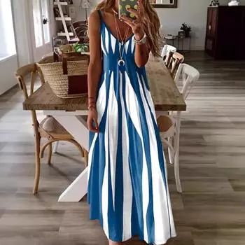 Женское повседневное платье на бретелях с V-образным вырезом, в полоску с принтом, цельное S