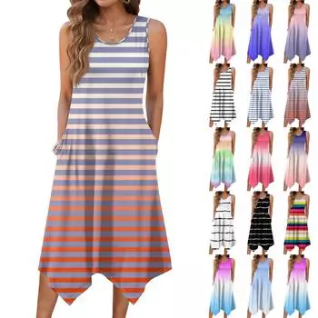 Женское повседневное платье на лето, платье-майка, свободное пляжное платье с карманами, расклешенный миди-сарафан M зелёный