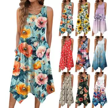 Женское повседневное платье на лето, платье-майка, свободное пляжное платье с карманами, расклешенный миди-сарафан XXL