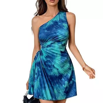 Женское повседневное платье на одно плечо без рукавов с принтом, высокой талией и облегающей юбкой на бедрах S красный