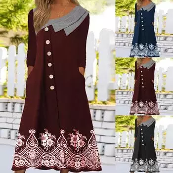 Женское повседневное платье на пуговицах с длинным рукавом, волнистым вырезом, длинное платье с карманами XL