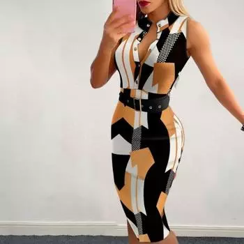 Женское повседневное платье, облегающее, с поясом, с высокой талией, воротником-стойкой, V-образным вырезом, без рукавов, полуоднобортное, офисное платье миди в стиле OL M жёлтый