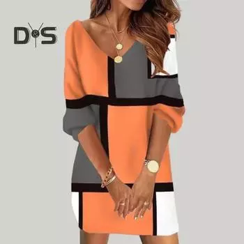 Женское повседневное платье осень-зима с V-образным вырезом и длинным рукавом, с геометрическим контрастным цветным принтом, свободное платье для отпуска в уличном стиле 2XL оранжевый