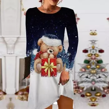 Женское повседневное платье, осенне-рождественский подарок, платье с принтом, женское платье с круглым вырезом и короткими рукавами, большие размеры XS чёрный