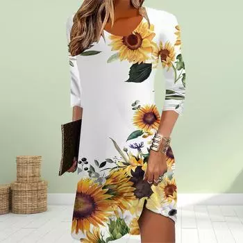 Женское повседневное платье осенне-зеленого цвета с принтом хризантемы, платья для женщин с круглым вырезом и коротким рукавом, платье больших размеров XS зелёный