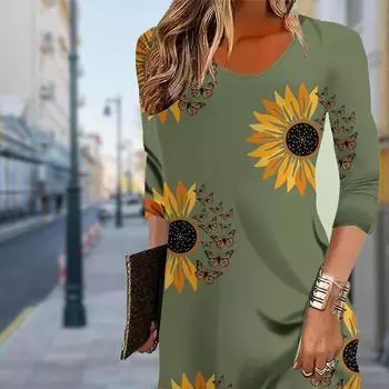 Женское повседневное платье осенне-зеленого цвета с принтом подсолнуха для женщин с круглым вырезом и коротким рукавом, платье больших размеров XS чёрный