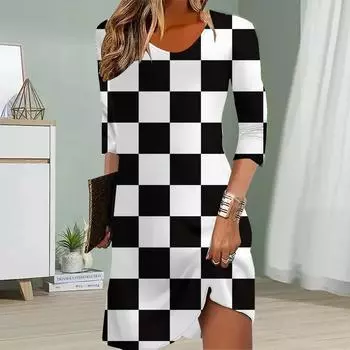 Женское повседневное платье осеннее черно-белое квадратное принтованное платье для женщин с круглым вырезом и коротким рукавом платье больших размеров XS белый