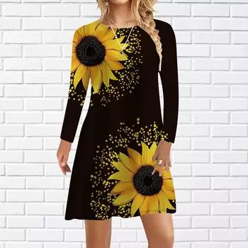 Женское повседневное платье осеннее черное платье с принтом подсолнухов для женщин с круглым вырезом и коротким рукавом платье больших размеров XS чёрный