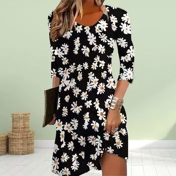 Женское повседневное платье осеннее черное платье с принтом ромашки для женщин с круглым вырезом и коротким рукавом платье больших размеров XS чёрный