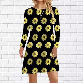 Женское повседневное платье, осеннее черное платье с принтом хризантем для женщин, платье с коротким рукавом и круглым вырезом, большие размеры XS чёрный