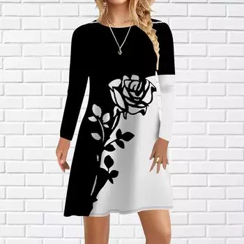 Женское повседневное платье осеннее черное прохладное платье с принтом роз для женщин с круглым вырезом и коротким рукавом платье больших размеров XS чёрный