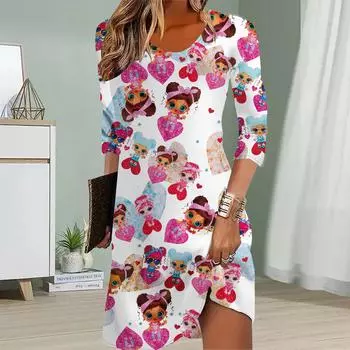 Женское повседневное платье осеннее черное женское платье с принтом для женщин с круглым вырезом и коротким рукавом платье больших размеров XS чёрный