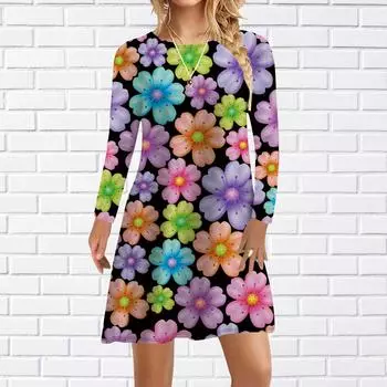 Женское повседневное платье, осеннее фиолетовое милое платье с цветочным принтом для женщин, платье с коротким рукавом и круглым вырезом, большие размеры XS фиолетовый