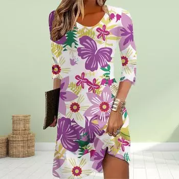 Женское повседневное платье осеннее фиолетовое платье с принтом в виде бабочек и цветов для женщин с круглым вырезом и коротким рукавом платье больших размеров XS красный