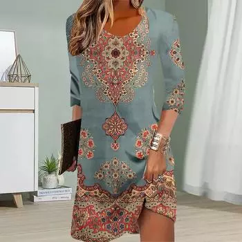 Женское повседневное платье Осеннее классическое платье с принтом тотема для женщин с круглым вырезом и коротким рукавом Платье больших размеров XS красный