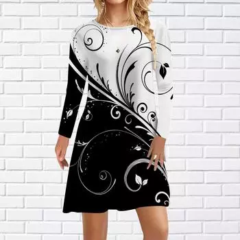 Женское повседневное платье, осеннее красивое белое платье с изогнутыми цветами и принтом для женщин, платье с коротким рукавом и круглым вырезом, большие размеры XS синий