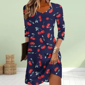 Женское повседневное платье Осеннее красное платье с вишневым принтом для женщин Платье с коротким рукавом и круглым вырезом размера плюс XS жёлтый