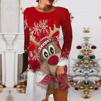 Женское повседневное платье, осеннее красное рождественское платье с принтом, женское платье с круглым вырезом и короткими рукавами, большие размеры XS красный