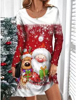 Женское повседневное платье, осеннее платье с принтом Санта-Клауса, женское платье с круглым вырезом и короткими рукавами, большие размеры XS чёрный