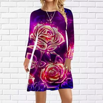 Женское повседневное платье Осеннее платье с золотым принтом розы для женщин Платье с коротким рукавом и круглым вырезом плюс размер XS фиолетовый