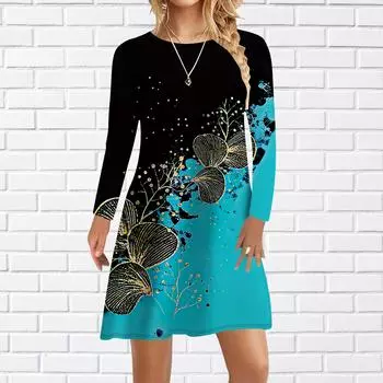Женское повседневное платье, осеннее платье с принтом розы и персика для женщин, платье с коротким рукавом и круглым вырезом, большие размеры XS синий