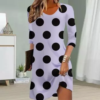 Женское повседневное платье осеннее платье с круглыми точками и принтом для женщин с круглым вырезом и коротким рукавом платье больших размеров XS белый