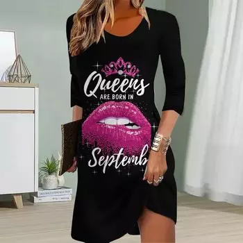 Женское повседневное платье осеннее платье с принтом больших губ для женщин с круглым вырезом и коротким рукавом платье больших размеров XS красный