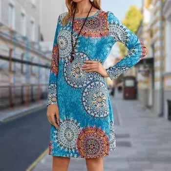 Женское повседневное платье Осеннее платье с принтом «Волшебный круг» для женщин Платье с коротким рукавом и круглым вырезом Плюс Размер XS синий