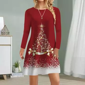 Женское повседневное платье Осеннее платье с принтом золотой рождественской елки для женщин Платье с коротким рукавом и круглым вырезом Плюс Размер XS красный