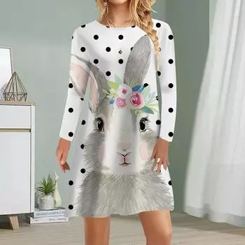 Женское повседневное платье, осеннее платье с принтом длинного ушастого кролика, женские платья с круглым вырезом и коротким рукавом, большие размеры XS розовый