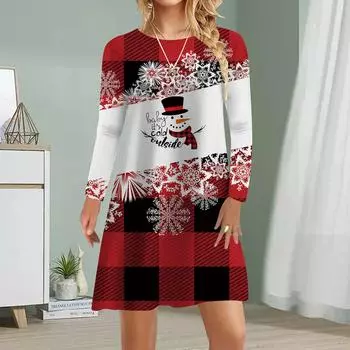 Женское повседневное платье Осеннее платье с принтом головы оленя для женщин Платье с коротким рукавом и круглым вырезом Плюс Размер XS красный