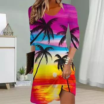 Женское повседневное платье Осеннее платье с принтом кокосовой пальмы для женщин Платье с коротким рукавом и круглым вырезом Плюс Размер XS жёлтый