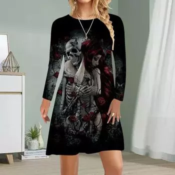 Женское повседневное платье Осеннее платье с принтом черепа для женщин Платье с коротким рукавом и круглым вырезом Плюс Размер XS чёрный