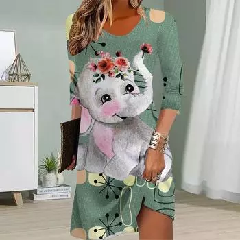 Женское повседневное платье, осеннее платье с принтом маленького слона, женское платье с круглым вырезом и коротким рукавом, размер плюс XS жёлтый