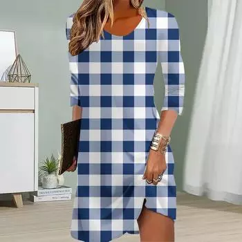 Женское повседневное платье осеннее платье с принтом в мелкую клетку для женщин с круглым вырезом и коротким рукавом платье больших размеров XS красный