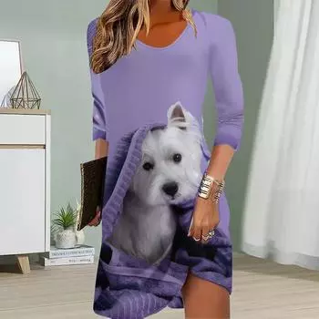 Женское повседневное платье осеннее платье с принтом щенка для женщин с круглым вырезом и коротким рукавом платье больших размеров XS синий