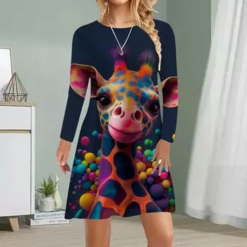 Женское повседневное платье Осеннее платье с принтом жирафа для женщин Платье с коротким рукавом и круглым вырезом Плюс Размер XS чёрный