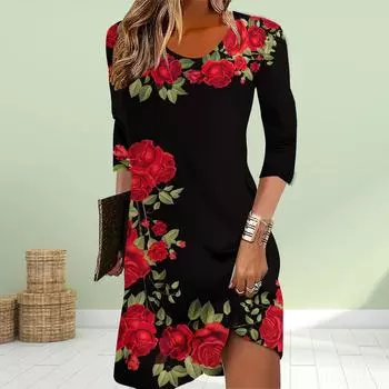 Женское повседневное платье, осеннее платье с разноцветным принтом роз, женское платье с круглым вырезом и коротким рукавом, размер плюс XS синий