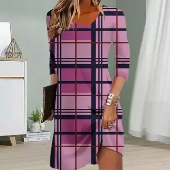 Женское повседневное платье осеннее решетчатое платье с принтом для женщин с круглым вырезом и коротким рукавом платье больших размеров XS розовый
