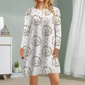 Женское повседневное платье осеннее розовое платье с принтом кролика для женщин с круглым вырезом и коротким рукавом платье больших размеров XS зелёный