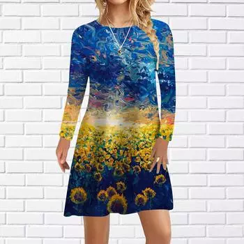 Женское повседневное платье осеннее синее платье с принтом цветов и моря для женщин с круглым вырезом и коротким рукавом платье больших размеров XS синий