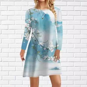 Женское повседневное платье, осеннее синее платье с цветочным принтом груши для женщин, платье с коротким рукавом и круглым вырезом, большие размеры XS розовый
