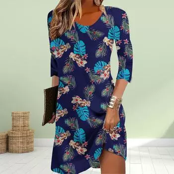 Женское повседневное платье осеннее синее платье с принтом перьев для женщин с круглым вырезом и коротким рукавом платье больших размеров XS красный