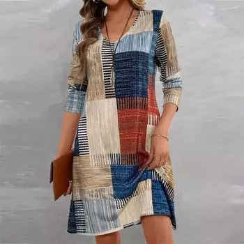 Женское повседневное платье осеннее сращивание цветов принт платья для женщин О-образный вырез короткий рукав платье плюс размер XS синий