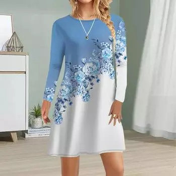 Женское повседневное платье Осеннее твиловое платье с принтом розы для женщин с круглым вырезом и коротким рукавом Платье больших размеров XS синий